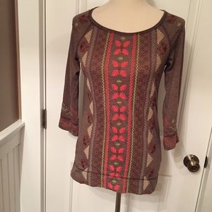 JOHNNY WAS TOP BROWN EMBROIDERY BOHEMIAN 3/4 SLEEVE TEE Size XS